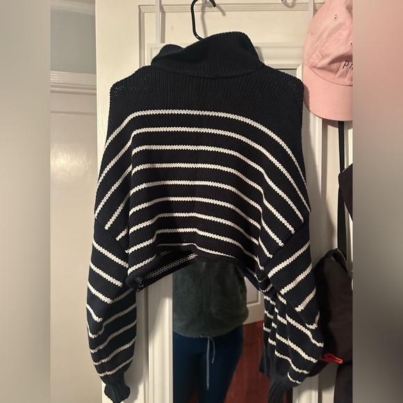 Zara Oversized Baggy White Navy Stripe Collar Cropped Sweater Women Large New - Picture 3 of 3